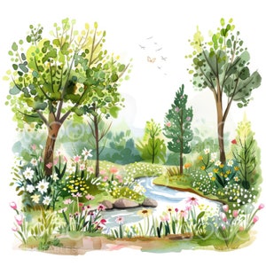 K&ouml;nnte beinhalten: Ein Aquarellbild eines Baches, der durch einen &uuml;ppigen gr&uuml;nen Wald flie&szlig;t. Der Bach ist von Wildblumen in Rosa-, Wei&szlig;- und Gelbt&ouml;nen umgeben. Zwei B&auml;ume ragen auf beiden Seiten des Baches empor, ihre &Auml;ste strecken sich zum Himmel. Das Bild ist vor einem wei&szlig;en Hintergrund gemalt.