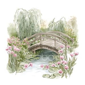 May include: A watercolour painting of a wooden bridge over a pond with lily pads. The bridge is arched and has a wooden railing. There are weeping willow trees on either side of the bridge and pink flowers growing along the banks of the pond.