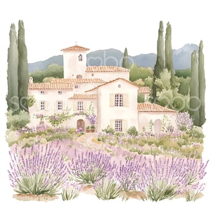20 schattige lavendel Provence clipart, mooi platteland van Frankrijk, Cottagecore-huizen, hoge kwaliteit jpg's, digitale download, ongewenste tijdschriften S286