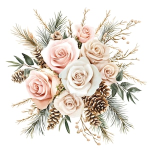 20 clipart de buquê de peônias de Natal, folhagem festiva, arte de cartão de Natal, JPG de alta qualidade, download digital, diário de papel artesanal S368