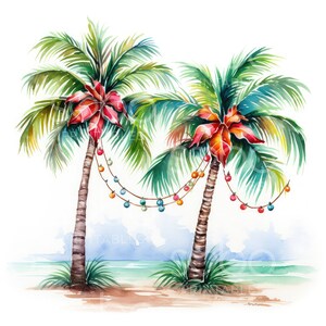 May include: Two palm trees with red poinsettia flowers and colorful Christmas lights strung between them. The trees are on a sandy beach with a blue ocean in the background.