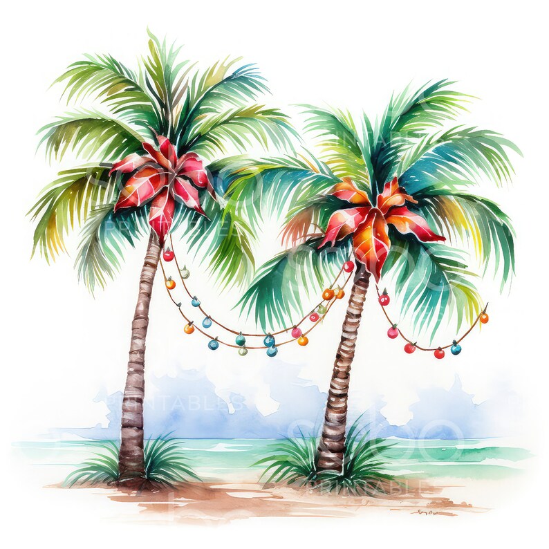 May include: Two palm trees with red poinsettia flowers and colorful Christmas lights strung between them. The trees are on a sandy beach with a blue ocean in the background.