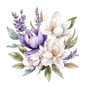 28 Fioletowe Kwiaty Bukiet Clipart, Ślubne Fioletowe Kwiaty, Wydrukowalna Akwarela, Wysokiej Jakości JPG, Pobieranie Cyfrowe, Papierowe Rękodzieło S635