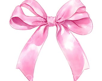 May include: Watercolor illustration of a pink bow. The bow is tied in the center with two loops on each side and two long, flowing tails. The ribbon has a glossy sheen and is a soft, pastel pink color.