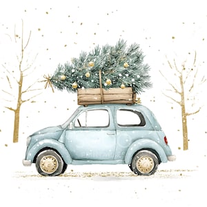 17 Clipart di auto blu di Natale vintage, abete di auto retrò blu, biglietto di Natale in lamina d'oro, JPG di alta qualità, download digitale, artigianato di carta S314