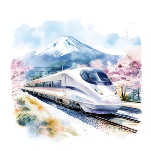 25 imágenes prediseñadas de trenes bala japoneses, turismo en Japón, acuarela imprimible, archivos JPG de alta calidad, descarga digital, manualidades de papel, diario basura S733