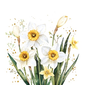 May include: A watercolor painting of a bouquet of white daffodils with yellow centers. The flowers are surrounded by green leaves and gold glitter.