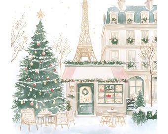 30 Xmas Parisian Cafe Clipart, Parisian Cafes, Paris Travel Art, Watercolor Clipart, High Quality JPGs, Digital Download, Junk Journals U109