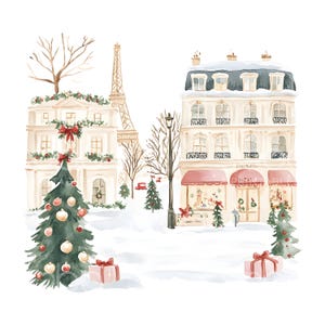 May include: A watercolor painting of a Parisian street scene with snow-covered buildings, Christmas trees, and gift boxes. The Eiffel Tower is in the background. The buildings are decorated with wreaths and garlands. The shop windows are decorated with Christmas displays. The text on the shop sign reads "Cinq A Sette".