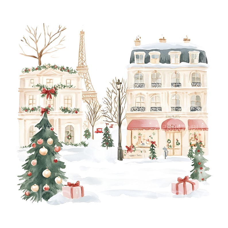 May include: A watercolor painting of a Parisian street scene with snow-covered buildings, Christmas trees, and gift boxes. The Eiffel Tower is in the background. The buildings are decorated with wreaths and garlands. The shop windows are decorated with Christmas displays. The text on the shop sign reads "Cinq A Sette".