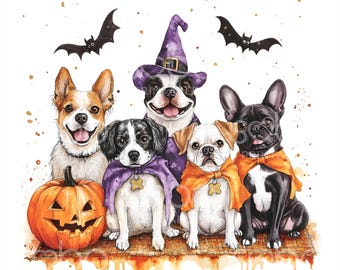 30 Halloween Dogs Sitting Clipart, Festive Dogs, Autumn,  Halloween Card, High Quality JPG, Digital Download, Paper Craft, Junk Journal U251