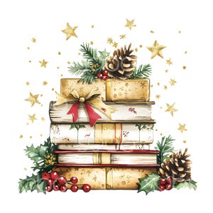 May include: Watercolor illustration of a stack of books decorated for Christmas. The books are adorned with holly, pinecones, and a red bow. Gold stars and accents add a festive touch to the design, perfect for holiday decor.