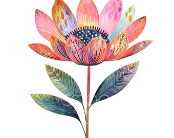 May include: A watercolor painting of a colorful flower with pink, orange, and blue petals. The flower has a dark blue center with white dots and is on a green stem with two leaves.