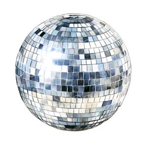 May include: A silver disco ball with mirrored tiles, reflecting light in a sparkling pattern.