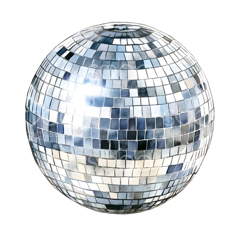 May include: A silver disco ball with mirrored tiles, reflecting light in a sparkling pattern.