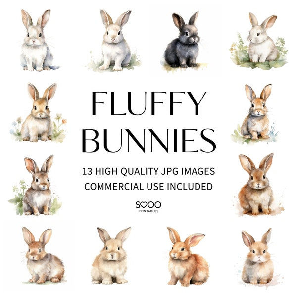Fluffy Bunny Clipart - 13 hochwertige JPGs, digitaler Download, hohe Auflösung, Papiermodelle, Junk Journal, druckbare Aquarellkunst S57
