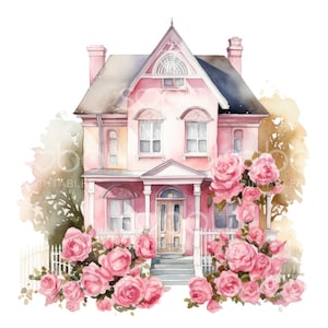 Pink Rose House Clipart - 11 wysokiej jakości plików JPG, cyfrowe rzemiosło papierowe, pakiet clipartów, kubki, dziennikarstwo, odzież, sztuka ścienna, cyfrowe rzemiosło S60
