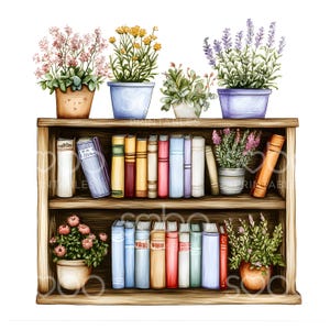 May include: A wooden bookshelf with two shelves, filled with books and potted plants. The plants include lavender, a succulent, and a variety of flowering plants. The books are a mix of colours and sizes.