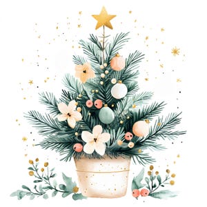 17 imágenes prediseñadas de árboles de Navidad en macetas, tarjeta navideña, invierno acogedor, acuarela imprimible, archivos JPG de alta calidad, descarga digital, manualidades de papel S216