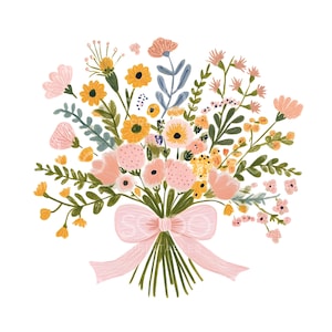 22 Clipart di bouquet di fiori selvatici a guazzo, bouquet primaverile con fiocco, acquerello stampabile, JPG di alta qualità, download digitale, carta artigianale S620