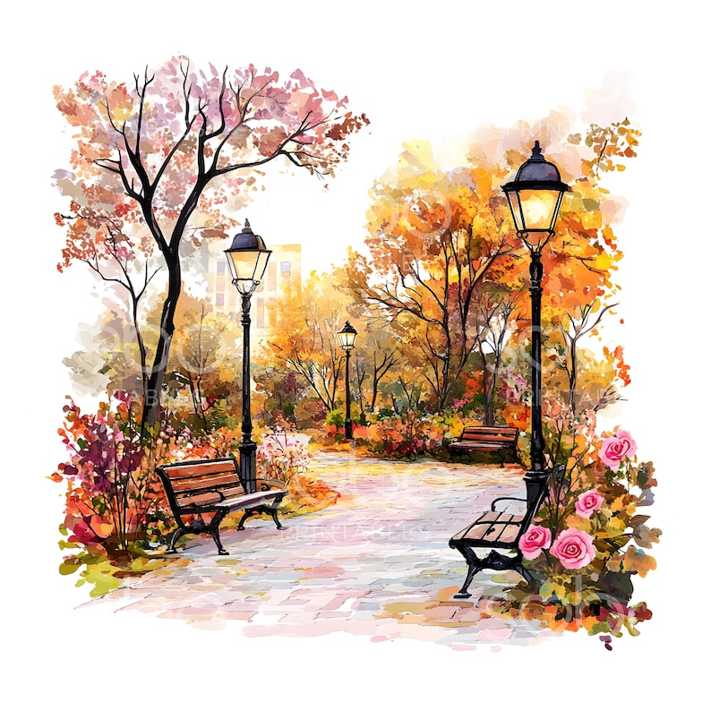28 Autumn Fall Bench Clipart, Autumn Garden, Printable Watercolor ...