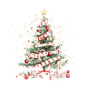 May include: Watercolor illustration of a decorated Christmas tree. The tree is adorned with red ornaments, candy cane-striped ribbon, and a gold star topper. Small teddy bear ornaments and gold glitter accents complete the festive design.