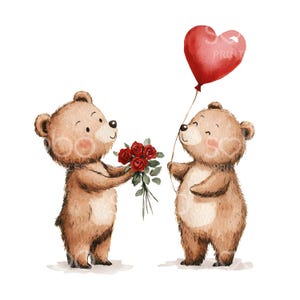 16 Brown Bear Couple Clipart, Brown Bear Gift Balloon, Valentine's Day Printable Card, High Quality JPGs, Digital Download, Paper Craft S424