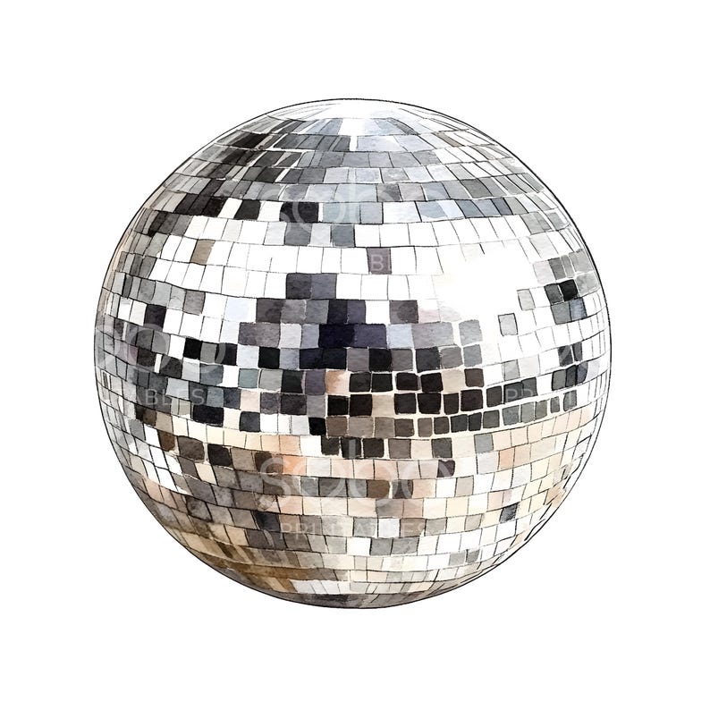 May include: A silver disco ball with mirrored tiles, reflecting light in a sparkling pattern.