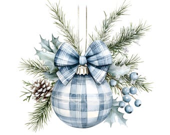 40 Blue Plaid Ornament Clipart, Christmas Card, Xmas Baubles, Printable Watercolor, High Quality JPGs, Digital Download, Paper Craft U280