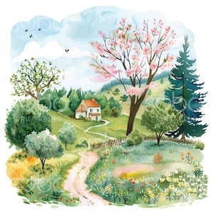 K&ouml;nnte beinhalten: Ein Aquarellgem&auml;lde eines charmanten H&auml;uschens, eingebettet in ein &uuml;ppiges gr&uuml;nes Tal. Ein rosa bl&uuml;hender Baum ragt im Vordergrund auf, w&auml;hrend ein hoher Nadelbaum einen Kontrast setzt. Die Szene ist voller lebendiger Farben und zarter Details und schafft eine friedliche und idyllische Atmosph&auml;re.