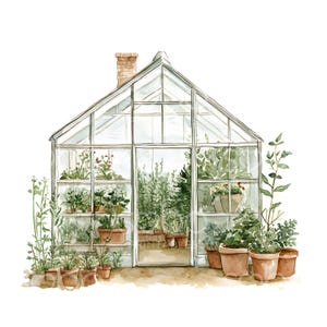 May include: A watercolor painting of a white greenhouse with a brick chimney. The greenhouse is filled with various plants and flowers in terracotta pots. The greenhouse is surrounded by a lush garden.