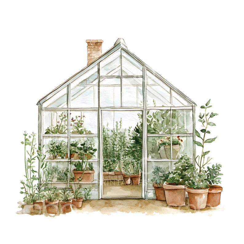 May include: A watercolor painting of a white greenhouse with a brick chimney. The greenhouse is filled with various plants and flowers in terracotta pots. The greenhouse is surrounded by a lush garden.