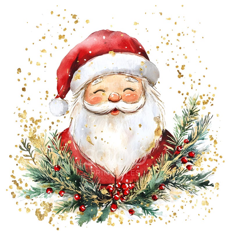 May include: Watercolor painting of Santa Claus with a red hat and white beard, smiling and surrounded by green pine branches with red berries and gold glitter.