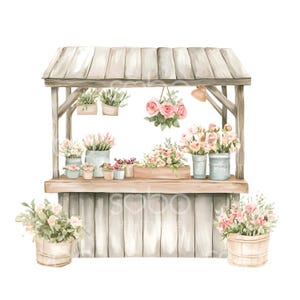 25 Clipart di bancarelle floreali, mercato dei fiori primaverili, JPG di alta qualità, arte ad acquerello stampabile, download digitale, diario di carta artigianale S691