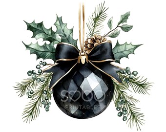39 Xmas Black Ornament Clipart, Christmas Card, Xmas Baubles, Printable Watercolor, High Quality JPGs, Digital Download, Paper Craft U283