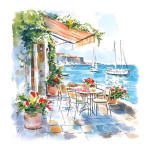 27 Clipart di caffè costieri, caffè sul mare, barche a vela, arte greca, acquerelli stampabili, JPG di alta qualità, download digitale, carta da parati S907