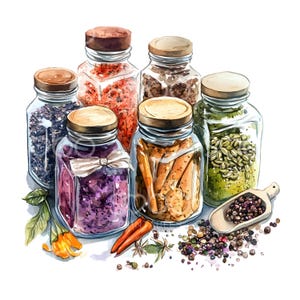20 kuchennych przypraw Clipart, Butelki z przyprawami Clipart, Wydrukowalne akwarele wysokiej jakości JPG, Pobieranie cyfrowe, Rękodzieło papierowe, Dziennik śmieci S636