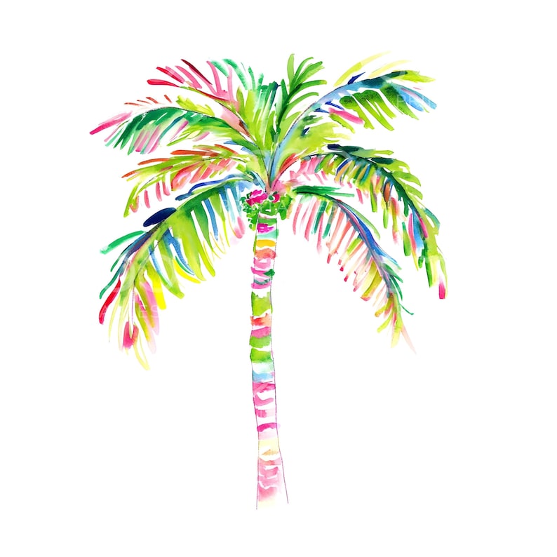 May include: A watercolour painting of a colourful palm tree with a green, blue, pink and yellow striped trunk. The leaves are green, blue and pink.