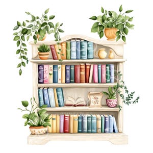 May include: A white wooden bookcase with three shelves filled with colourful books. There are potted plants on the top and bottom shelves, and a small decorative object on the middle shelf. The bookcase is against a white background.