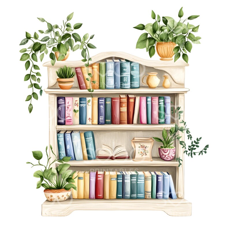 May include: A white wooden bookcase with three shelves filled with colourful books. There are potted plants on the top and bottom shelves, and a small decorative object on the middle shelf. The bookcase is against a white background.