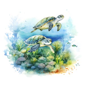 May include: Two green sea turtles swim through a watercolor painting of an underwater coral reef. The turtles are green and brown with black markings. The coral reef is a vibrant blue, green, and orange.
