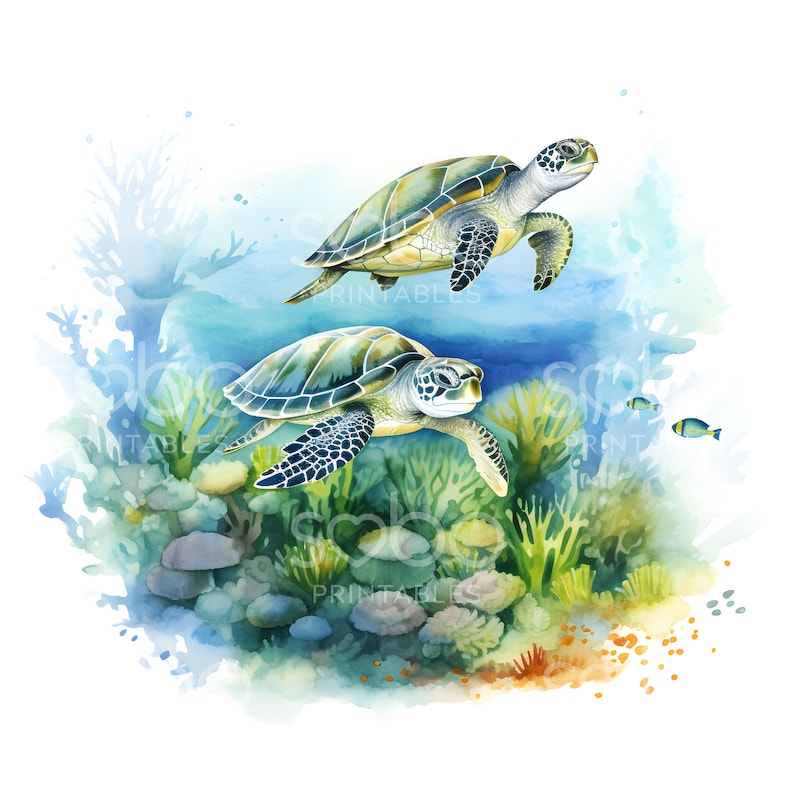May include: Two green sea turtles swim through a watercolor painting of an underwater coral reef. The turtles are green and brown with black markings. The coral reef is a vibrant blue, green, and orange.