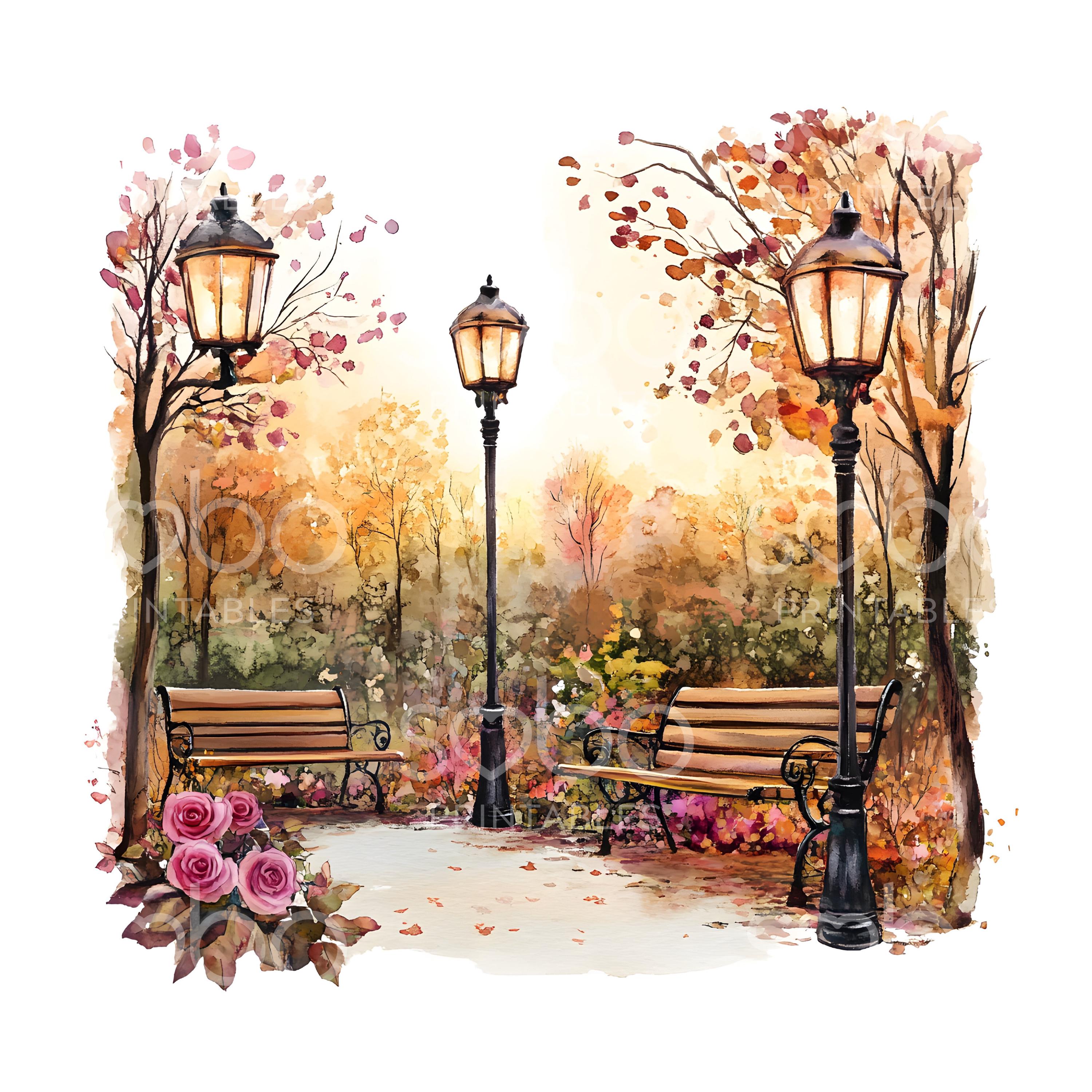 28 Autumn Fall Bench Clipart, Autumn Garden, Printable Watercolor ...