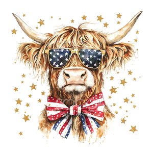 25 Patriotic Highland Cow Clipart, 4th of July Cow, Watercolor Highland Cow Clipart, High Quality JPGs, Digital Download, Paper Craft S941