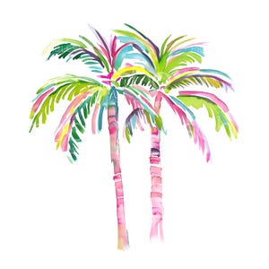 May include: Watercolour painting of two palm trees in pink, green, blue and yellow colours.