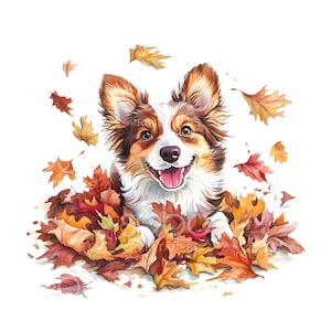May include: Watercolor illustration of a happy corgi dog surrounded by colorful autumn leaves. The dog has brown and white fur, a pink tongue, and is smiling. The leaves are shades of red, orange, and yellow.