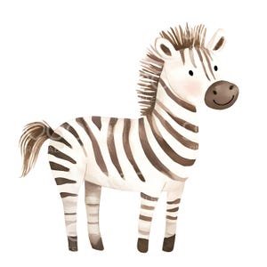 May include: A watercolor illustration of a cute zebra with brown and white stripes. The zebra is standing on all four legs and has a friendly expression.