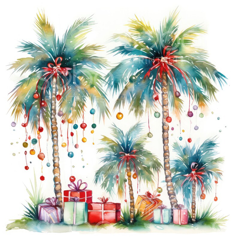 May include: A watercolor painting of four palm trees decorated with colorful ornaments and red bows.  The trees are surrounded by wrapped presents with red, green, and blue ribbons.