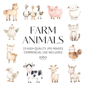 23 Animais de Fazenda Clipart, Animais de Fazenda Fofos, Cavalo, Porco, Vaca, Pato, Filhotes, Clipart de Celeiro, Vida na Fazenda em Aquarela, Download Digital S264