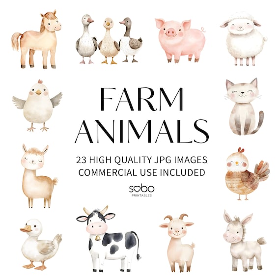 23 Farm Animals Clipart, Cute Farm Animals, Horse, Pig, Cow, Duck, Baby Animals, Barn Clipart, Watercolour Farm Life, Digital Download S264